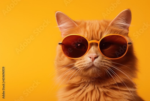 orange cat wearing sunglasses on a yellow background.