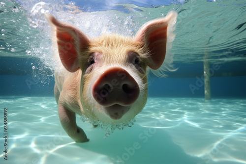 a pig swimming in the pool