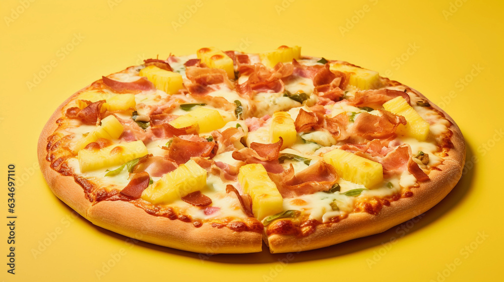 appetizing hawaiian pizza, composed with ham, grilled chicken, bacon, pineapple, green peppers, onions, yellow sauce, mozzarella cheese, ricotta, grated parmesan as toppings appetizing hawaiian pizza, composed with ham, grilled chicken, bacon, pineapple, green peppers, onions, yellow sauce, mozzarella cheese, ricotta, grated parmesan as toppings