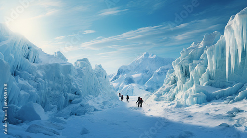 The climbers navigating a challenging icefall section, their silhouettes against the azure sky contrasting the frozen terrain 