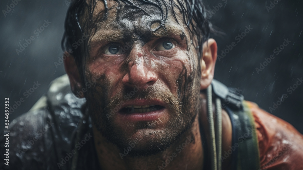 A close-up of a climber's face, the determination and resolve evident despite the challenging conditions and thin air 