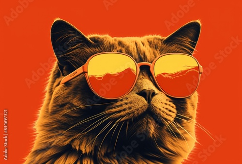 Cat wearing sunglasses on a red background. © hakule