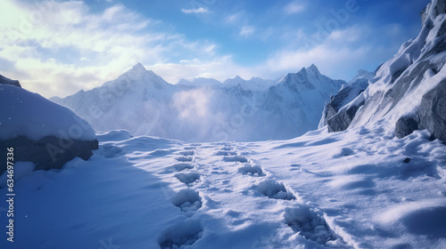 An artistic shot of the climbers' footsteps in the snow, highlighting their path of determination and perseverance 