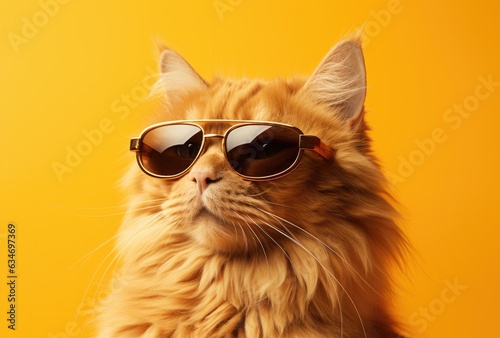 orange cat wearing sunglasses on a yellow background.