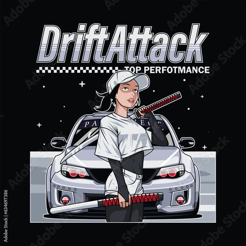 drift attack car vector illustration with samurai woman character, for printing and other uses.