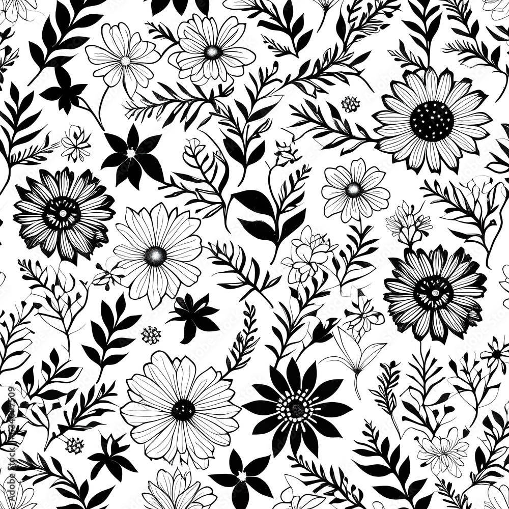 Background of graphic white and black flowers on a white background
