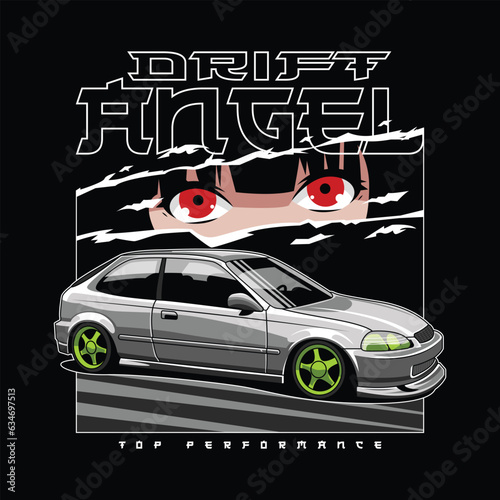 angel drift car vector illustration with woman face character, for printing and other uses.