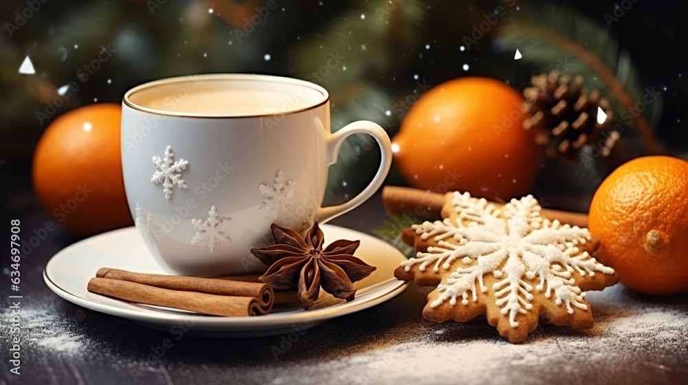Christmas still life with a cup of coffee or tea and cookies, Generative AI