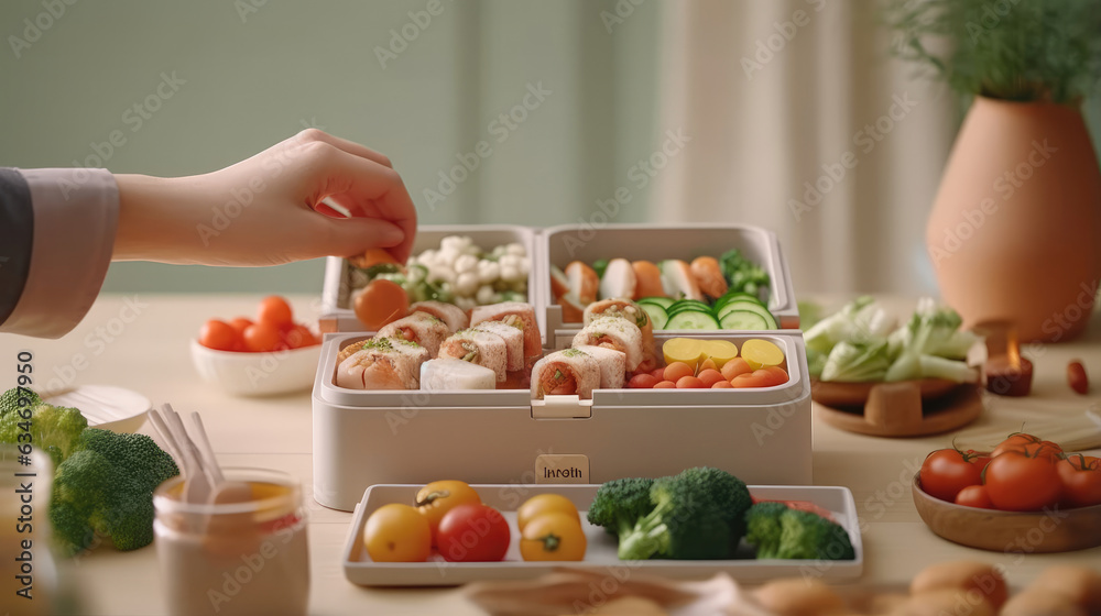 A woman lifts a frozen lunch box from the refrigerator. Frozen lunch box from the fridge A woman lifts a frozen lunch box from the refrigerator. Frozen lunch box from the fridge