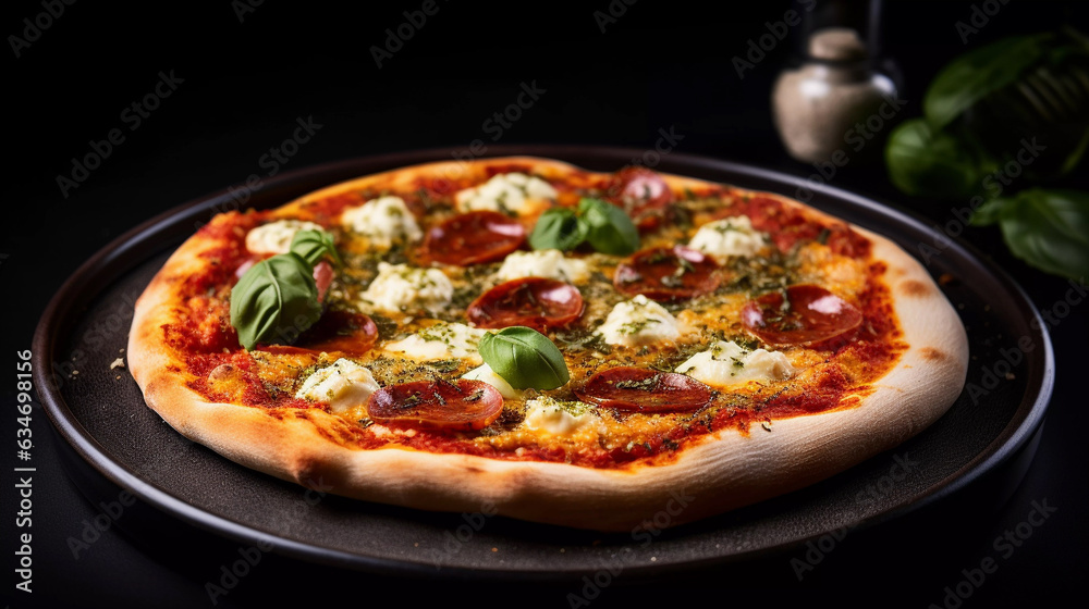 delicious pepperoni pizza, composed with garlic cloves, tomato puree, basil leaves, ricotta, dried oregano, pesto, red sauce, with three different cheese as toppings