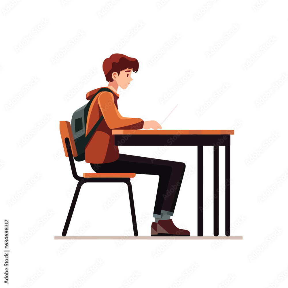student sitting behind school desk vector flat isolated illustration