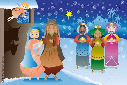 Illustration of the nativity of Jesus in the snow with holy family, angel and magi