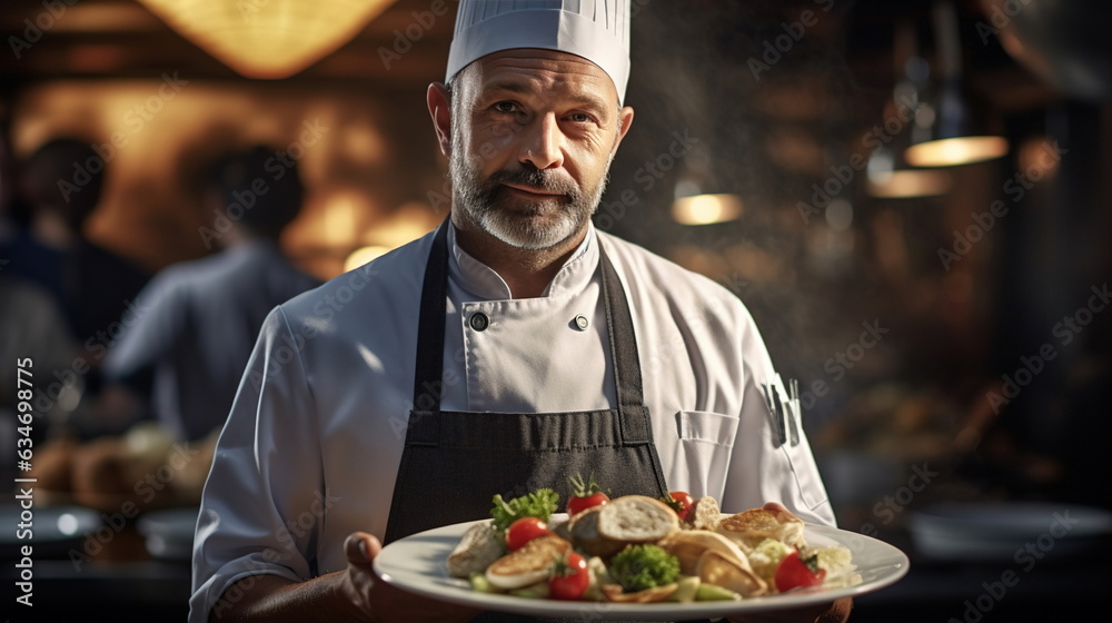 Chef: A skilled chef in a bustling kitchen, wearing a chef's hat and uniform, holding a plate with an artfully arranged dish