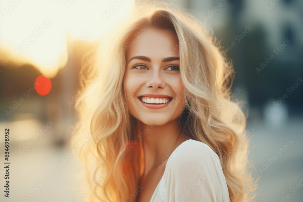 A close-up portrait photo of a lovely blonde woman smiling with flawless white teeth against a city nature background. Utilized for a dental advertisement.

Generative AI.