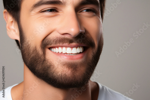  A close-up portrait of an attractive man showcasing a bright smile with pristine teeth, utilized for a dental advertisement. The individual features a modern, stylish haircut and beard Generative AI © Nico Vincentini