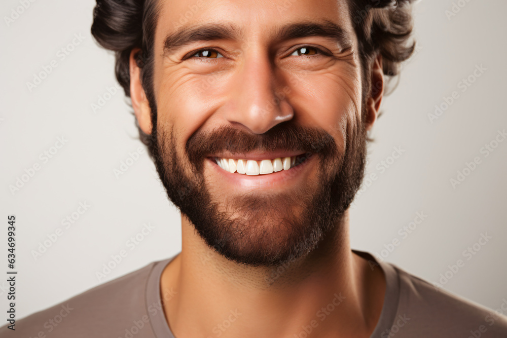 Obraz premium A close-up portrait of an attractive man showcasing a bright smile with pristine teeth, utilized for a dental advertisement. The individual features a modern, stylish haircut and beard Generative AI