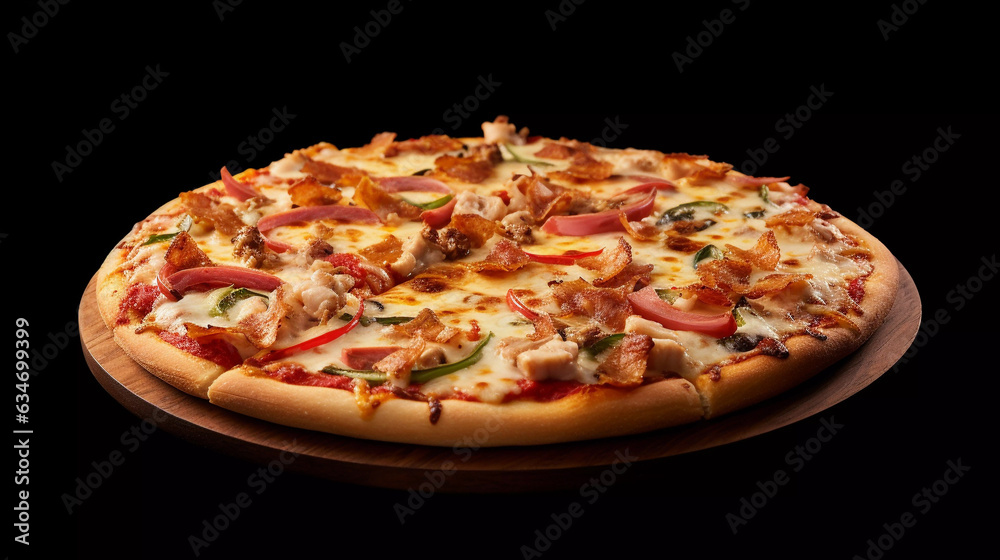 delicious pizza, composed with mozzarella cheese, American cheese, meat, red sauce, with three difference cheese as toppings