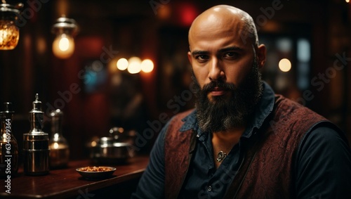 A bearded man enjoying a drink at a cozy bar