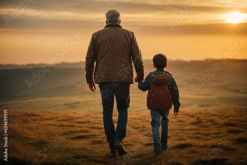 silhouette of a farther with his kid walking in the sunset