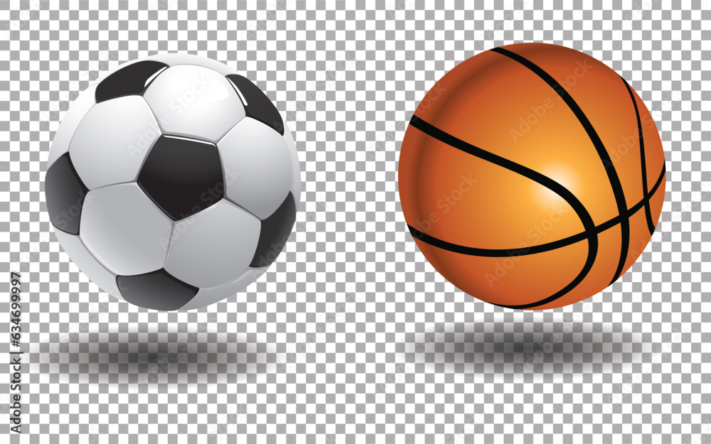 3d realistic Basketball And Soccer Ball On Transparent Background Vector