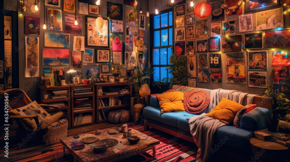 Living room with intricate doodle art decor