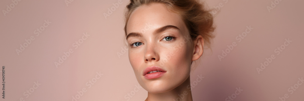 Close-up beauty portrait of a young woman with freckles on a peach-colored background Close-up beauty portrait of a young woman with freckles on a peach-colored background