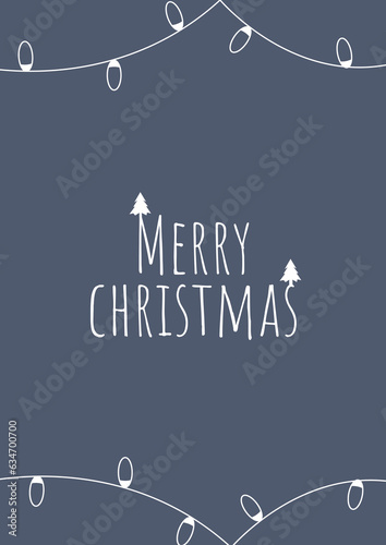 Merry Christmas postcard in minimalistic style with white light garland and trees. Vector photo