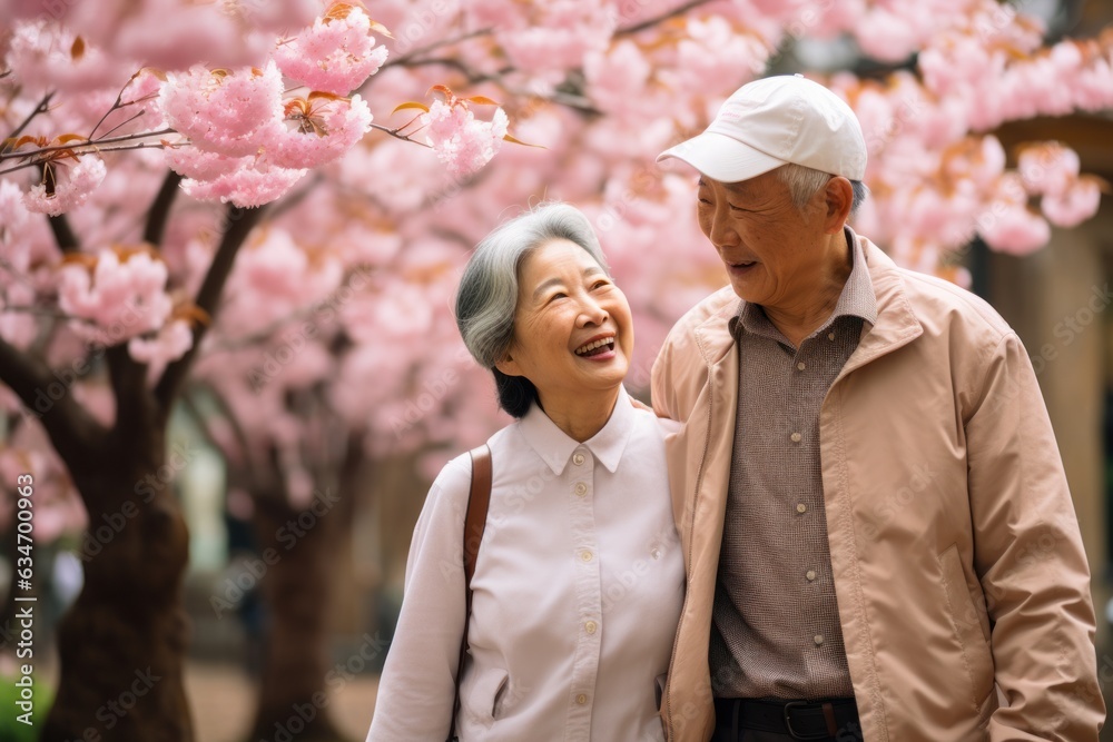 Fototapeta premium Happy senior asian couple walking a blossoming sakura