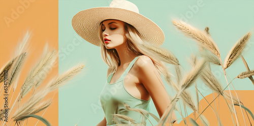 fashion blonde  girl posing alone on  wheat field, trendy dressed autumn mood, green and yellow gold palette, banner wallpaper concept theme