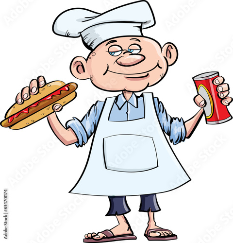 Cartoon chef with a hotdog and a can of coke. He wears a chefs hat