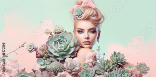 fashion digital collage of a trendy model blonde girl posing on camera on floral pink and green succulent plants mood background, wallpaper network use