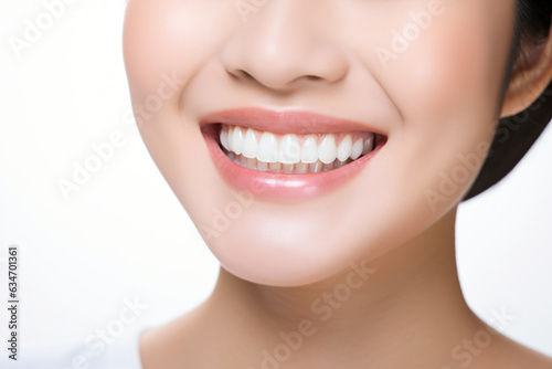 A close-up shot of the lower portion of a woman s face. She boasts a lovely  charming smile with immaculate teeth. Features include her chin  nose  and mouth. Ideal for dental service promotions. AI