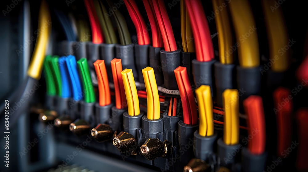 Close-up photo of industrial-grade new leads and fuses neatly organized within a control cabinet Close-up photo of industrial-grade new leads and fuses neatly organized within a control cabinet