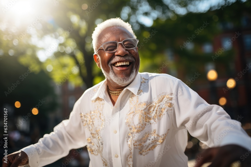 Happy senior black man dancing in city park on sunny summer Happy senior black man dancing in city park on sunny summer