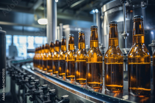 Factory for the production of beer. Brewery conveyor with glass beer drink alcohol bottles  modern production line. Blurred background. Modern production for bottling drinks. Selective focus.