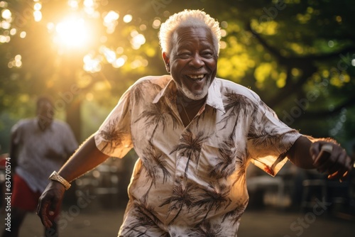 Happy senior black man dancing in city park on sunny summer
