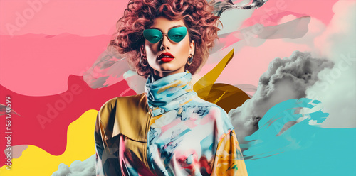 fashion digital collage of a trendy model  girl posing on camera on colorful neon mood background, wallpaper network use photo