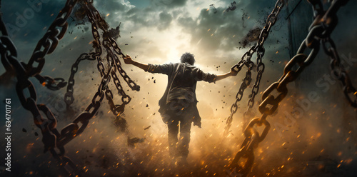 A man breaking his chains. Concept of breaking free of constrains, liberation and freedom.