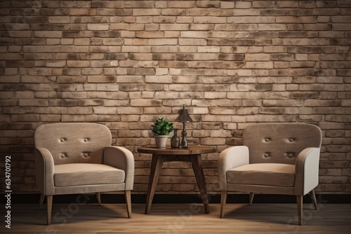 Beige brick background with vintage style interior design.