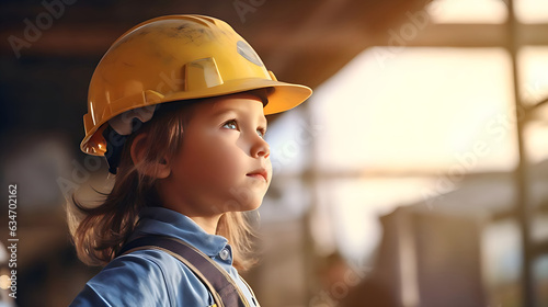 Cute girl kindergarten wearing yellow construction engineer helmet or safety hard hat in construction site. Close up.