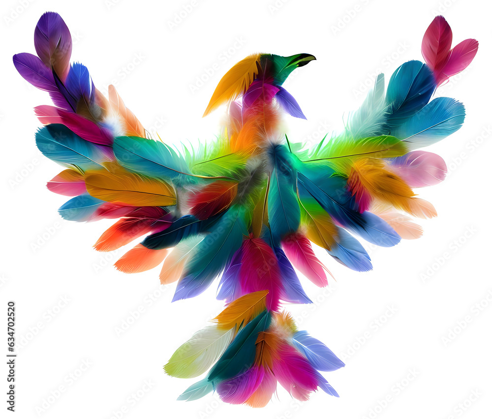 Colored feathers arranged in the shape of a bird silhouette with speard wings Colored feathers arranged in the shape of a bird silhouette with speard wings