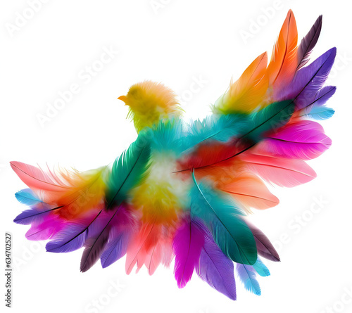 Colored feathers arranged in the shape of a bird silhouette with speard wings © EricG