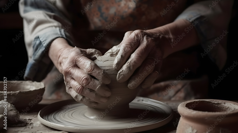 Closeup hand of senior man craftsman working on pottery wheel while sculpting from clay pot background workshop. Generation AI Closeup hand of senior man craftsman working on pottery wheel while sculpting from clay pot background workshop. Generation AI