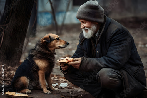Homeless dirty tramp man feeding his friend dog piece of bread. Concept friendship lifestyle. Generation AI.