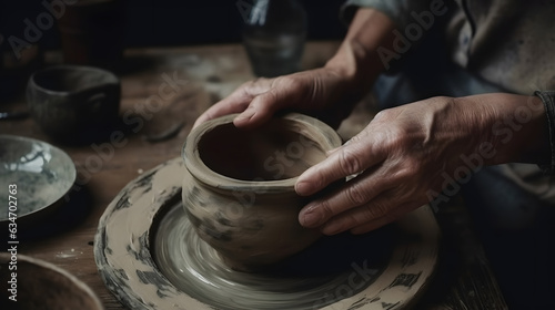 Closeup hand of senior man craftsman working on pottery wheel while sculpting from clay pot background workshop. Generation AI