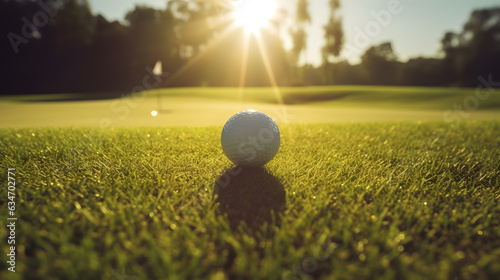 Closeup golf ball on green field, sunset time. Generation AI.
