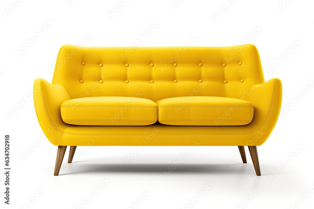Retro style yellow sofa on white background with wooden legs.
