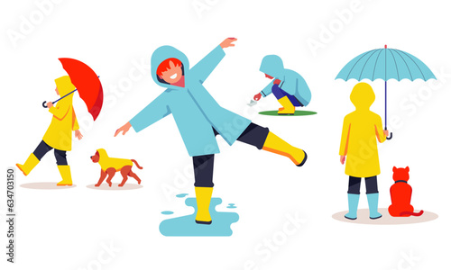Set of Little Kids Wearing Raincoat  Children and Dog in Raincoat.