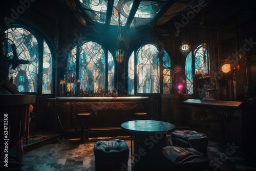 Imaginative fusion of Victorian and futuristic elements within a cyberpunk bar showcasing a vast window. Generative AI