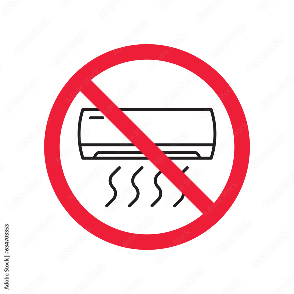 Forbidden air conditioner vector icon. Warning, caution, attention, restriction, label, ban, danger. No air conditioner flat sign design pictogram symbol. No air conditioner icon Forbidden air conditioner vector icon. Warning, caution, attention, restriction, label, ban, danger. No air conditioner flat sign design pictogram symbol. No air conditioner icon